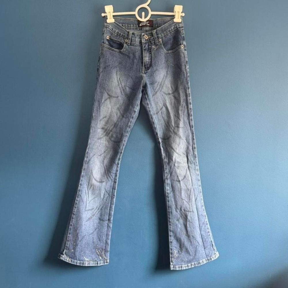 Y2K‎ Low Rise Glitter Jeans Juniors Size 3 Silver Lazer Flare 2000s Mcbling